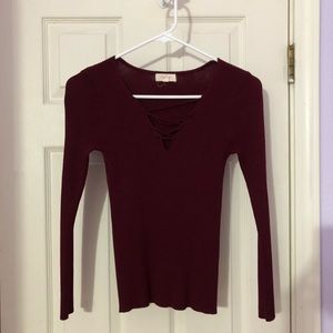 women’s maroon long sleeve top